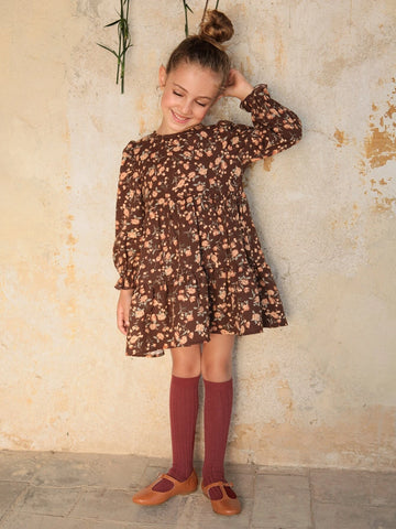 Young Girl Vintage Weaving Small Round Collar Dress With Floral Print And Ruffle Trim