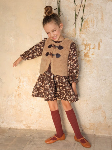 Young Girl Vintage Weaving Small Round Collar Dress With Floral Print And Ruffle Trim