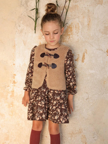 Young Girl Vintage Weaving Small Round Collar Dress With Floral Print And Ruffle Trim