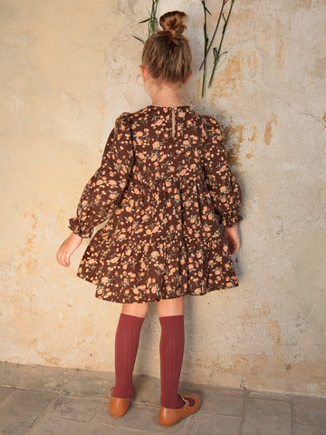 Young Girl Vintage Weaving Small Round Collar Dress With Floral Print And Ruffle Trim