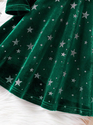 Young Girl Vintage & Cute & Fashion & Elagant Contrast Bling Bling Glitter Star Print Velvet Dress, Long Sleves, Cake Dress