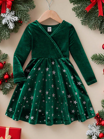 Young Girl Vintage & Cute & Fashion & Elagant Contrast Bling Bling Glitter Star Print Velvet Dress, Long Sleves, Cake Dress