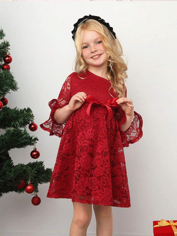 Young Girl Vintage & Cute & Fashion & Elagant Lace Ruffle Hem Long Sleves Dress
