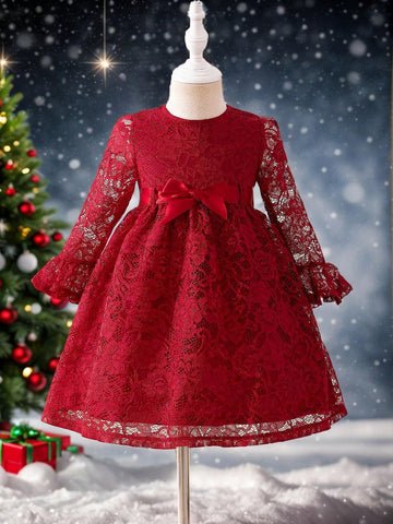 Young Girl Vintage & Cute & Fashion & Elagant Lace Ruffle Hem Long Sleves Dress