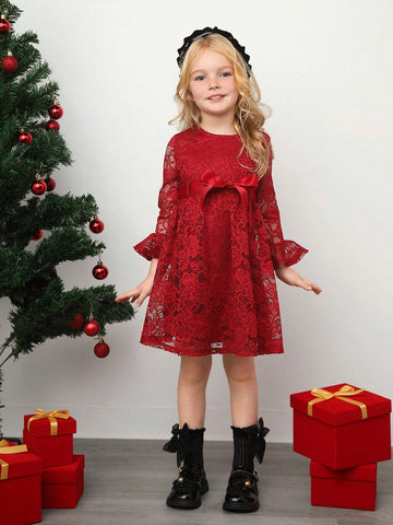 Young Girl Vintage & Cute & Fashion & Elagant Lace Ruffle Hem Long Sleves Dress