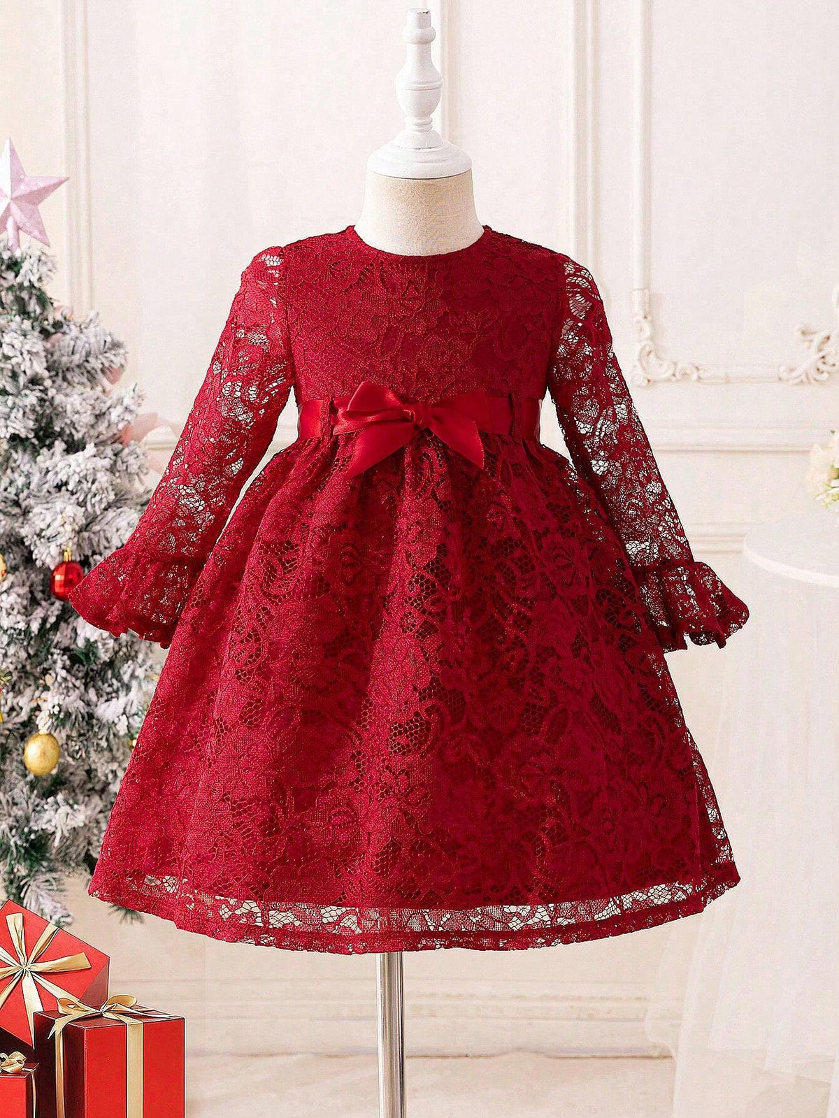 Young Girl Vintage & Cute & Fashion & Elagant Lace Ruffle Hem Long Sleves Dress