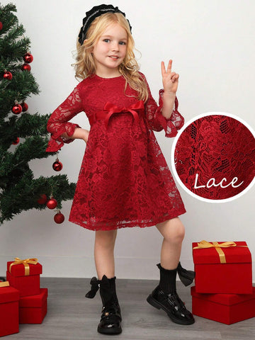 Young Girl Vintage & Cute & Fashion & Elagant Lace Ruffle Hem Long Sleves Dress