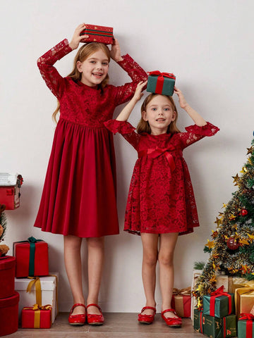 Young Girl Vintage & Cute & Fashion & Elagant Lace Ruffle Hem Long Sleves Dress