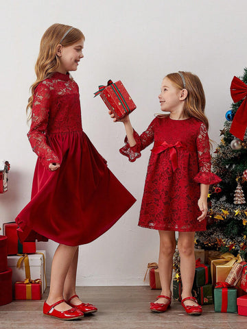 Young Girl Vintage & Cute & Fashion & Elagant Lace Ruffle Hem Long Sleves Dress