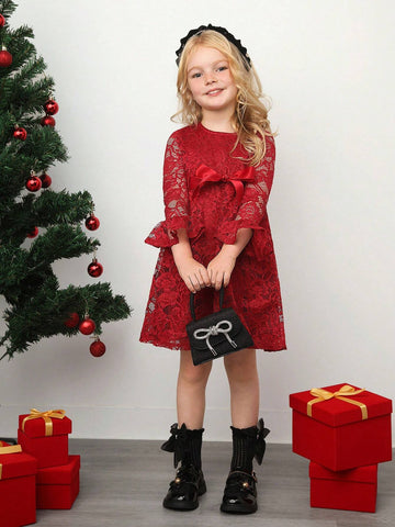 Young Girl Vintage & Cute & Fashion & Elagant Lace Ruffle Hem Long Sleves Dress