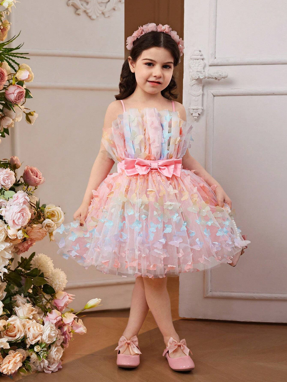 Young Girl Wedding  Dress, Gorgeous Cute 3D Butterfly  Mesh Multicolor ,Tulle Puffy Dress, Big Bow Detail ,Princess Dress, Suitable For Parties And Dances
