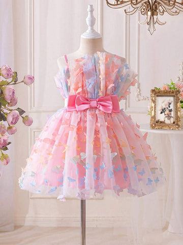 Young Girl Wedding  Dress, Gorgeous Cute 3D Butterfly  Mesh Multicolor ,Tulle Puffy Dress, Big Bow Detail ,Princess Dress, Suitable For Parties And Dances