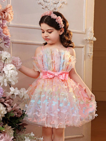 Young Girl Wedding  Dress, Gorgeous Cute 3D Butterfly  Mesh Multicolor ,Tulle Puffy Dress, Big Bow Detail ,Princess Dress, Suitable For Parties And Dances
