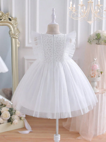 Young Girl White Floral Mesh Ruffle Tulle Princess Dress