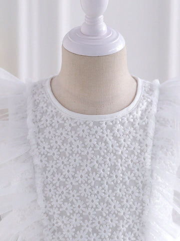 Young Girl White Floral Mesh Ruffle Tulle Princess Dress