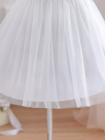 Young Girl White Floral Mesh Ruffle Tulle Princess Dress