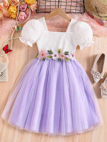 Young Girl White Princess Dress With Flower Waist Belt, Short Sleeve Wedding Flower Girl Dress, Formal Occasion Vacation Dress