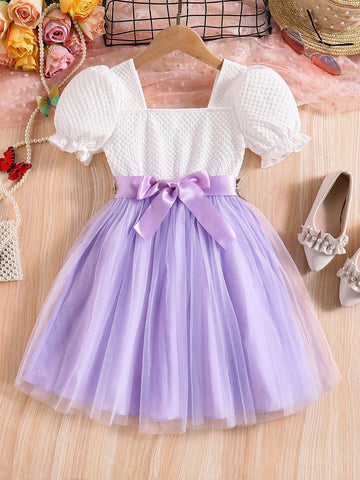 Young Girl White Princess Dress With Flower Waist Belt, Short Sleeve Wedding Flower Girl Dress, Formal Occasion Vacation Dress