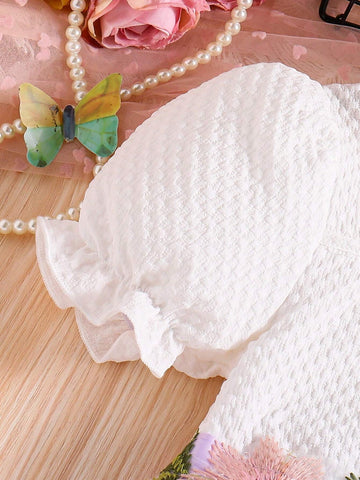 Young Girl White Princess Dress With Flower Waist Belt, Short Sleeve Wedding Flower Girl Dress, Formal Occasion Vacation Dress