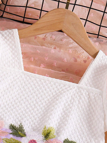 Young Girl White Princess Dress With Flower Waist Belt, Short Sleeve Wedding Flower Girl Dress, Formal Occasion Vacation Dress