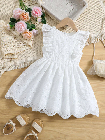 Young Girl White Solid Color Romantic Dress With Round Neck And Ruffled Sleeves For Summer