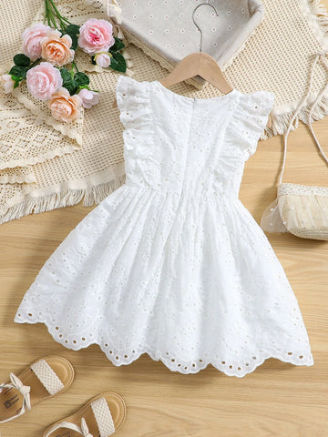 Young Girl White Solid Color Romantic Dress With Round Neck And Ruffled Sleeves For Summer