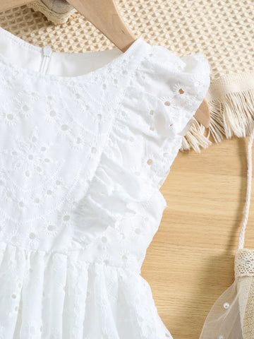 Young Girl White Solid Color Romantic Dress With Round Neck And Ruffled Sleeves For Summer