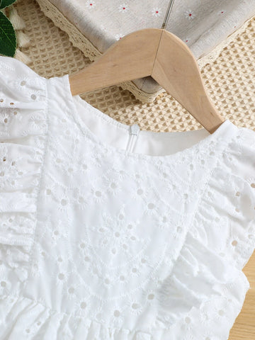 Young Girl White Solid Color Romantic Dress With Round Neck And Ruffled Sleeves For Summer