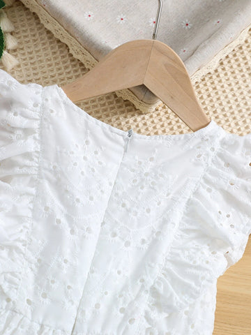 Young Girl White Solid Color Romantic Dress With Round Neck And Ruffled Sleeves For Summer