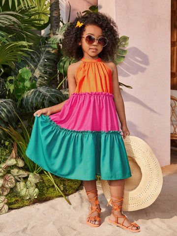 Young Girl Woven Colorblock Halter Neck Sleeveless Dress, Perfect For Summer Vacation