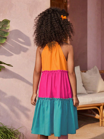Young Girl Woven Colorblock Halter Neck Sleeveless Dress, Perfect For Summer Vacation