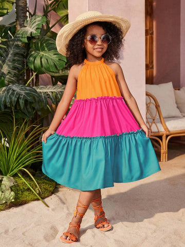 Young Girl Woven Colorblock Halter Neck Sleeveless Dress, Perfect For Summer Vacation
