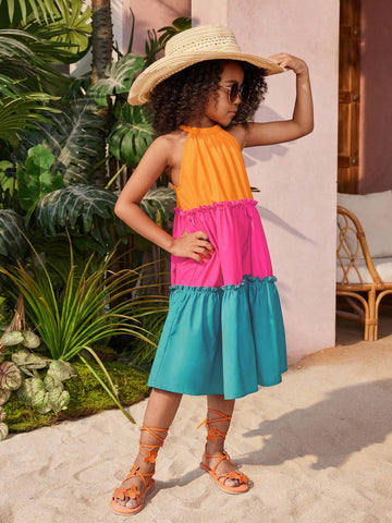 Young Girl Woven Colorblock Halter Neck Sleeveless Dress, Perfect For Summer Vacation