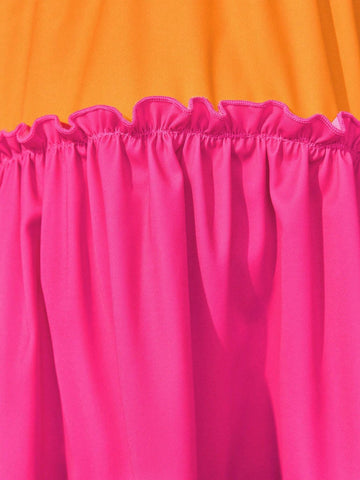 Young Girl Woven Colorblock Halter Neck Sleeveless Dress, Perfect For Summer Vacation