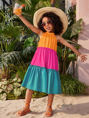 Young Girl Woven Colorblock Halter Neck Sleeveless Dress, Perfect For Summer Vacation