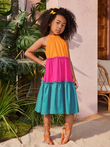 Young Girl Woven Colorblock Halter Neck Sleeveless Dress, Perfect For Summer Vacation