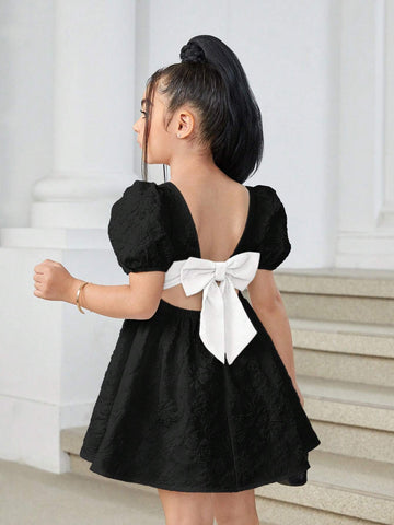Young Girl Woven Colorblock Sleeveless Big Bow Decor Casual Dress