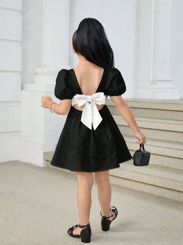 Young Girl Woven Colorblock Sleeveless Big Bow Decor Casual Dress