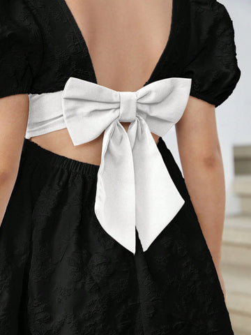Young Girl Woven Colorblock Sleeveless Big Bow Decor Casual Dress
