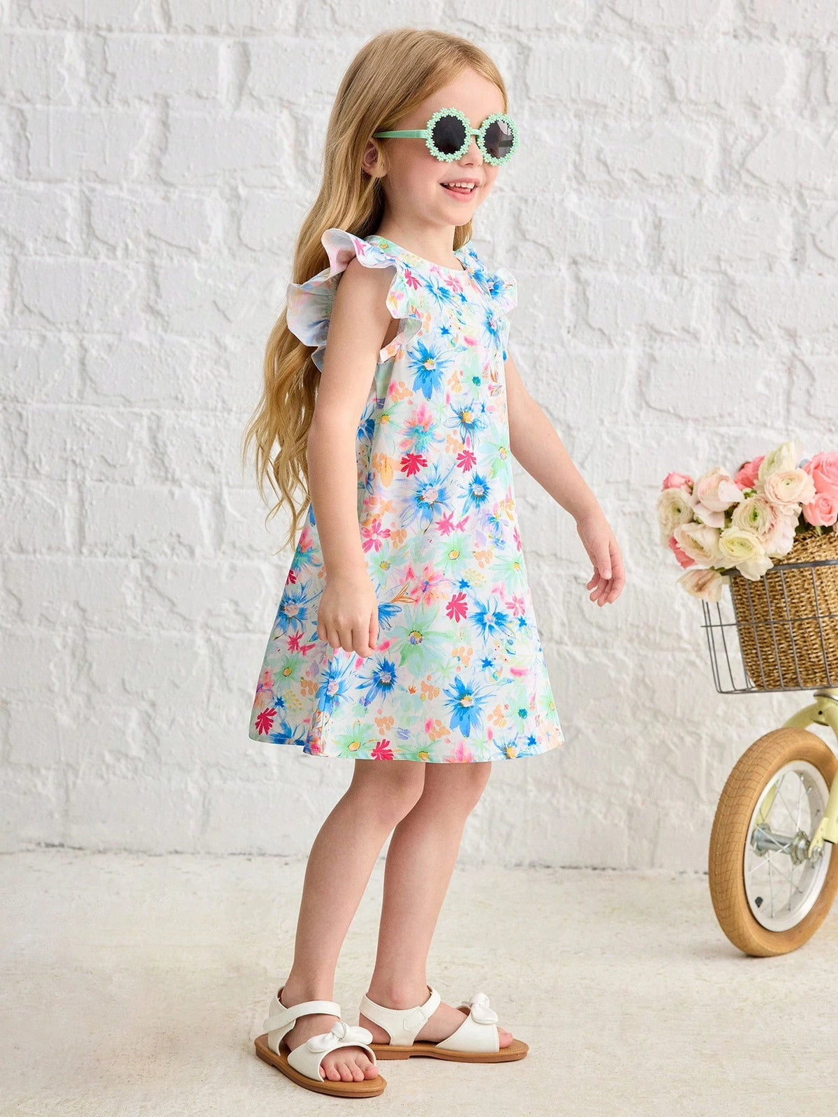 Young Girl Woven Colorful Floral Print Cap Sleeve Cute Casual Dress