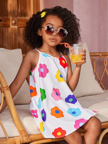 Young Girl Woven Dopamine Floral Print Vacation Tank Top Dress, Suitable For Summer