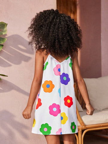 Young Girl Woven Dopamine Floral Print Vacation Tank Top Dress, Suitable For Summer