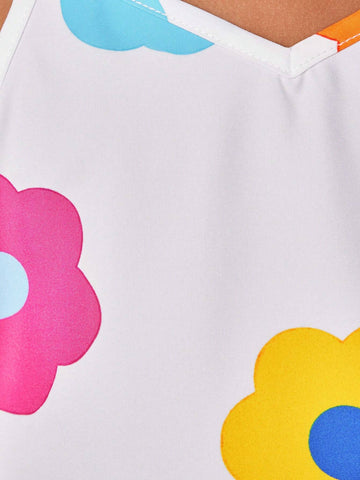 Young Girl Woven Dopamine Floral Print Vacation Tank Top Dress, Suitable For Summer