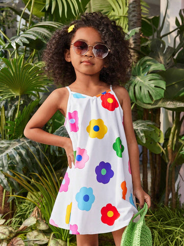 Young Girl Woven Dopamine Floral Print Vacation Tank Top Dress, Suitable For Summer