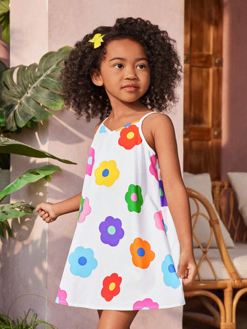 Young Girl Woven Dopamine Floral Print Vacation Tank Top Dress, Suitable For Summer