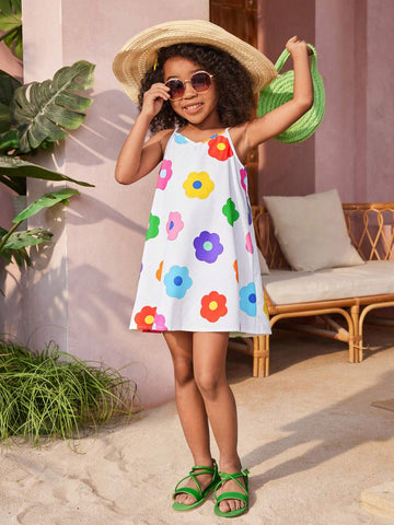 Young Girl Woven Dopamine Floral Print Vacation Tank Top Dress, Suitable For Summer