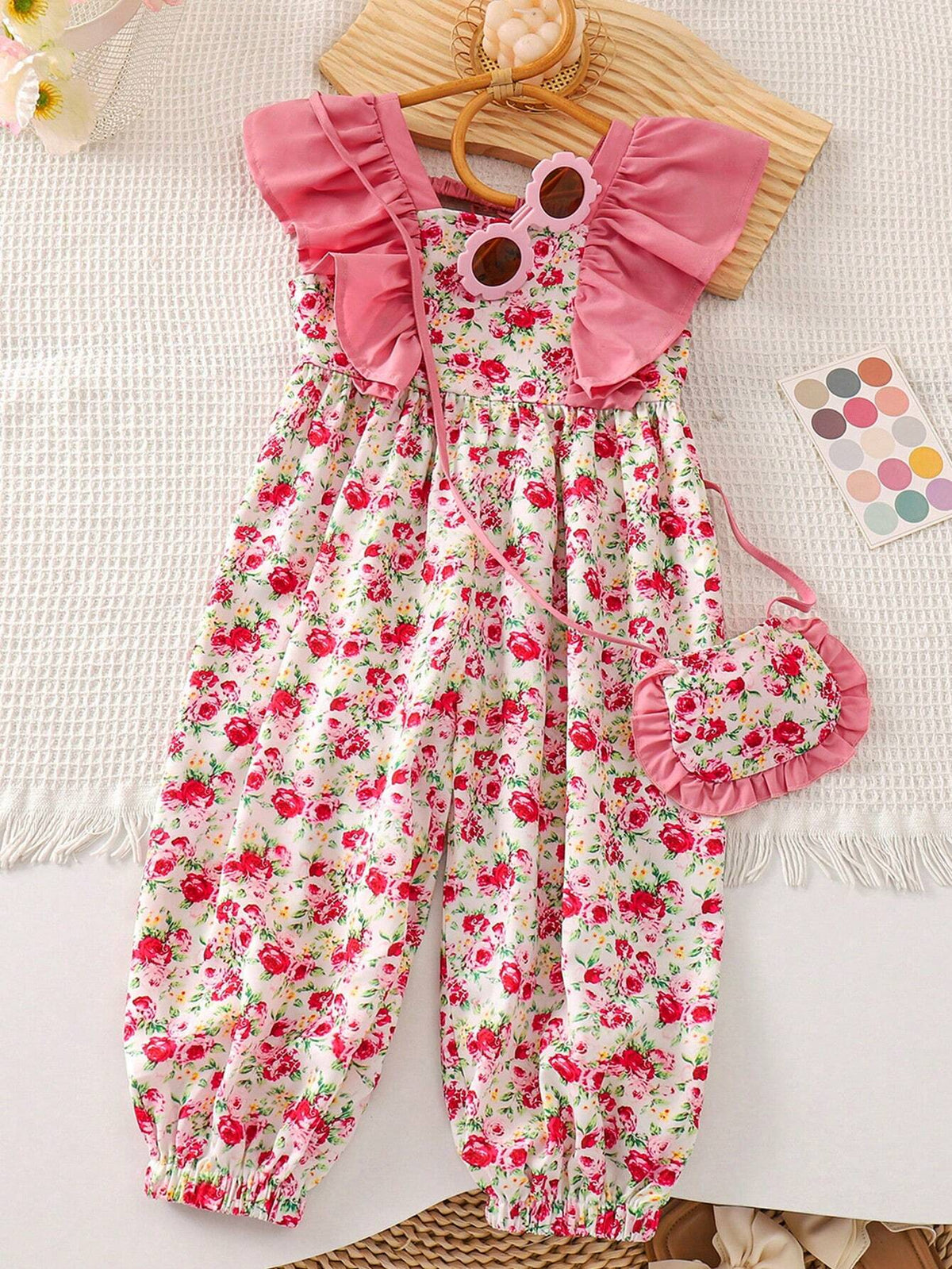 Young Girl Woven Floral Print Loose Casual Jumpsuit With Ruffled Square Neckline And Crossbody Bag