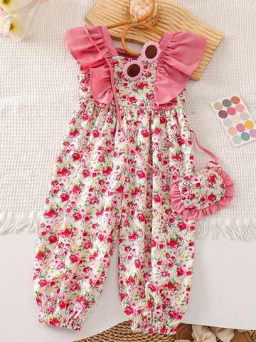 Young Girl Woven Floral Print Loose Casual Jumpsuit With Ruffled Square Neckline And Crossbody Bag