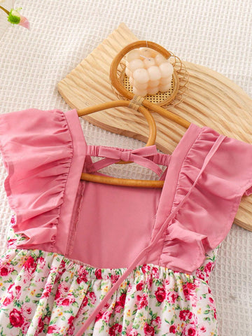 Young Girl Woven Floral Print Loose Casual Jumpsuit With Ruffled Square Neckline And Crossbody Bag