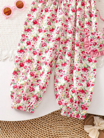 Young Girl Woven Floral Print Loose Casual Jumpsuit With Ruffled Square Neckline And Crossbody Bag